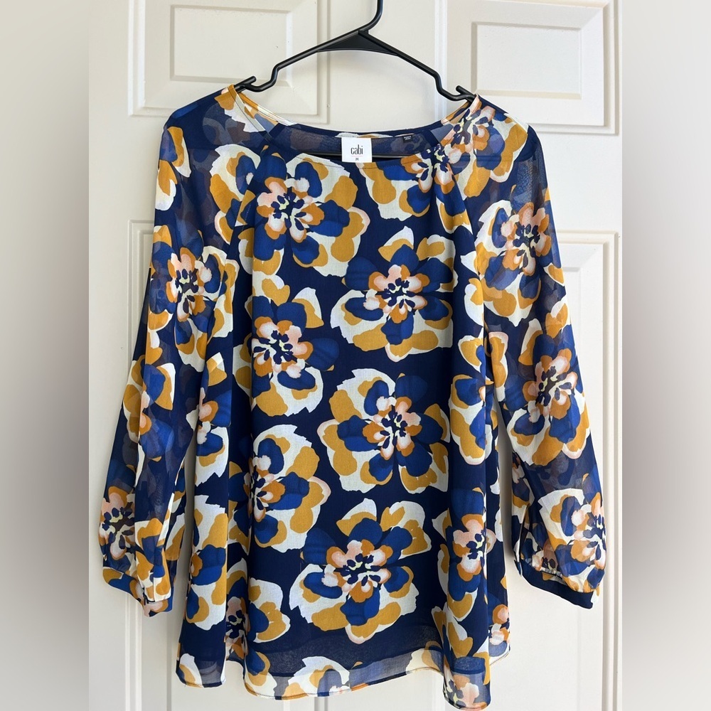 Cabi Lydia Blue and Yellow Floral Print Blouse, size M - Picture 2 of 7